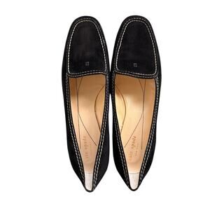 Kate Spade New York Black Suede Loafer Low Wedge White Contrast Stitch Italy 9.5